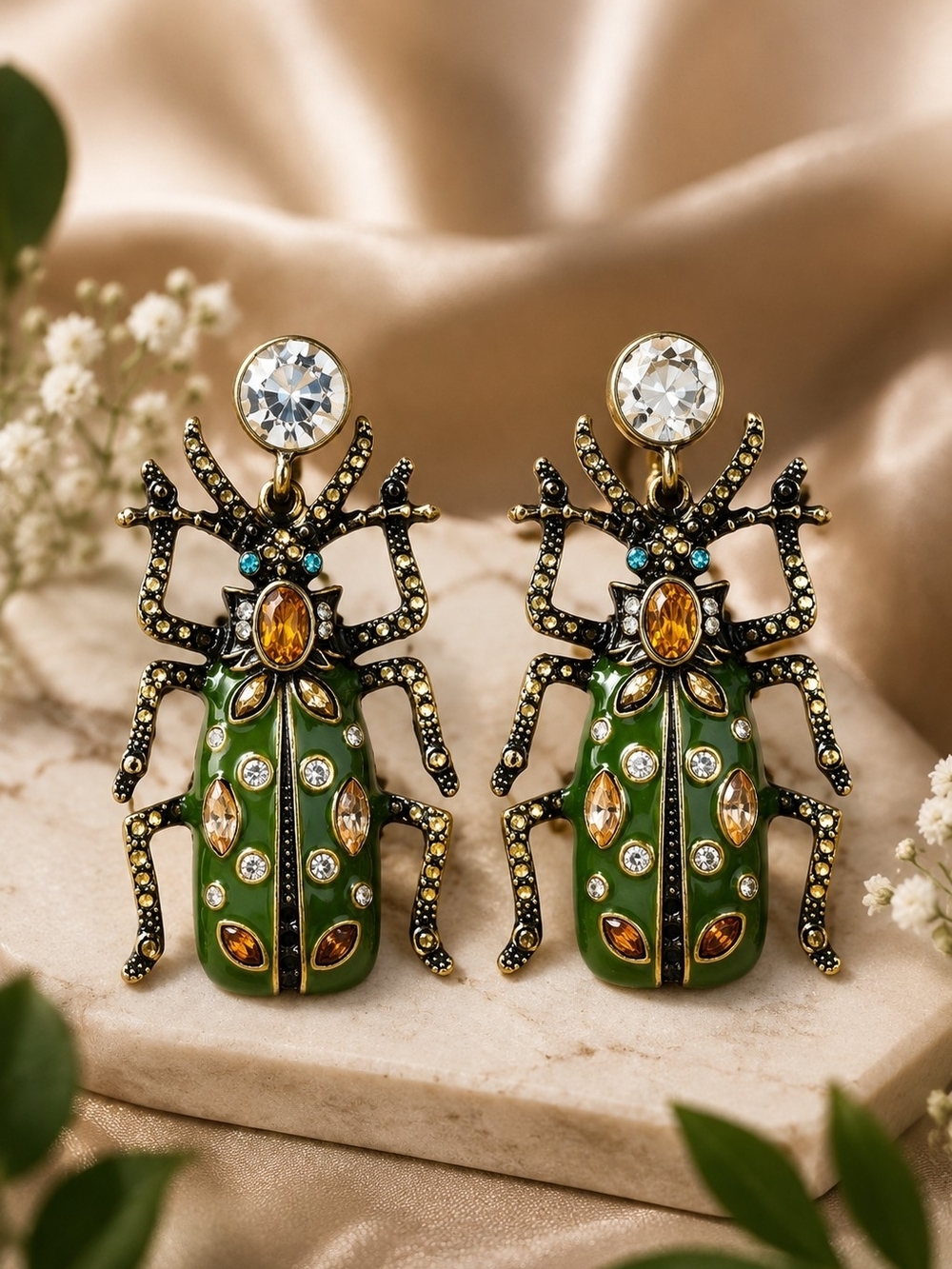 Green Beetle Statement Drop Earrings - Unbranded